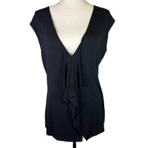 Isda Jersey Knit Top Tunic Black Short Cap Sleeves Ruffle Deep V Neck Size L